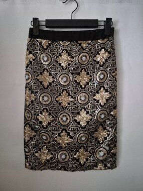 Alt B Womens S Gold Black Art Deco Glitzy Sequined Ornate Geometric Mini Skirt